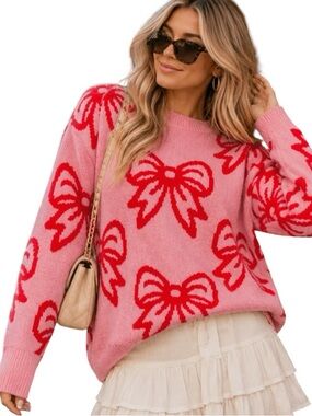 385:  IDENTITY NEW RED BOW PRINT SWEATER PINK RED (H17)
